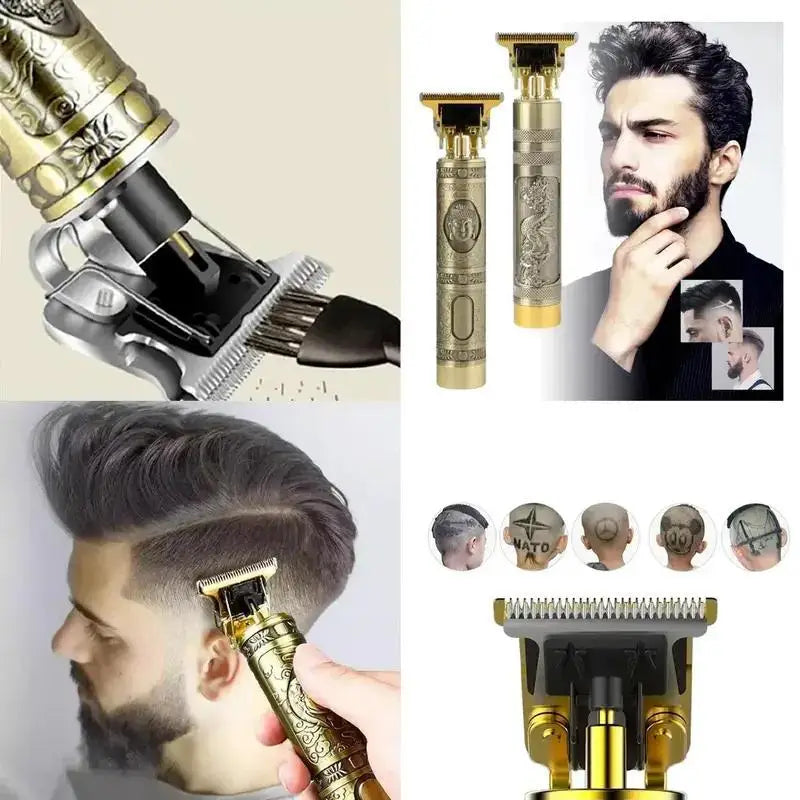 Barbeador Elétrico Masculino sem Fio Recarregável Dourado Estilo Vintage Modelo T9 Dragão