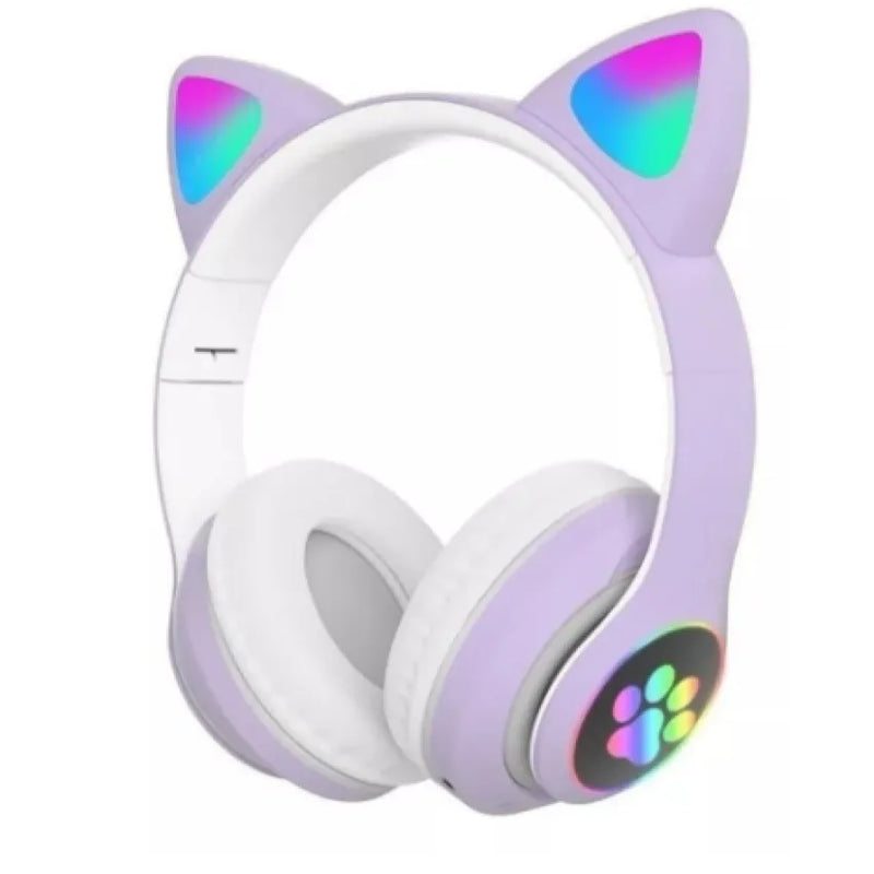 Fone sem Fio Headset Bluetooth Feminino Gatinho LED Recarregável