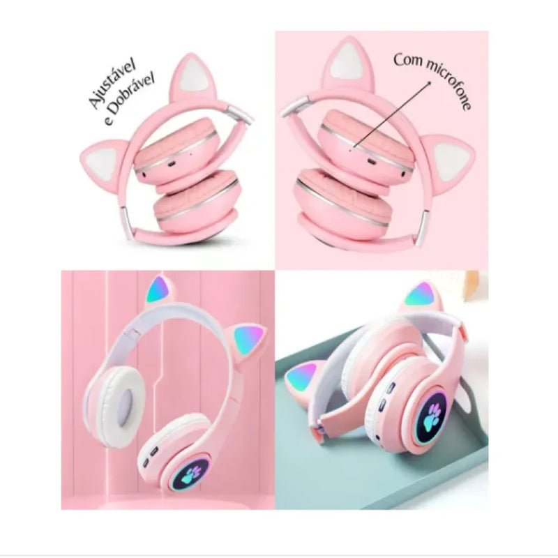 Fone sem Fio Headset Bluetooth Feminino Gatinho LED Recarregável