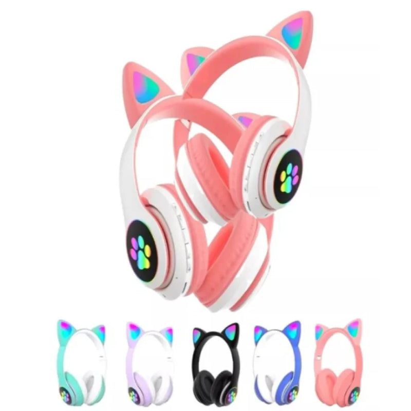 Fone sem Fio Headset Bluetooth Feminino Gatinho LED Recarregável