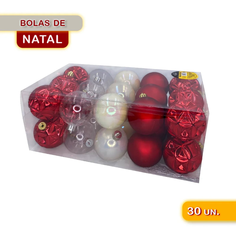 Kit 30 Bolinhas de Natal Enfeites Decorativos Vermelhos Brancos e Transparentes