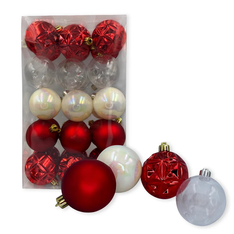 Kit 30 Bolinhas de Natal Enfeites Decorativos Vermelhos Brancos e Transparentes