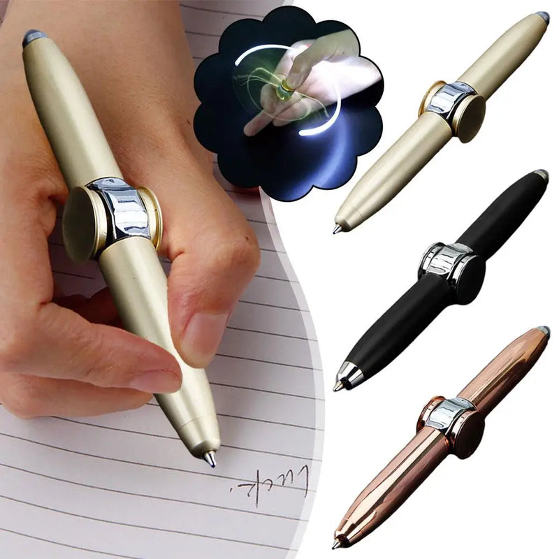 Caneta Spinner Metálica Brilhante com Luz LED Gyro Pen Anti-Estresse