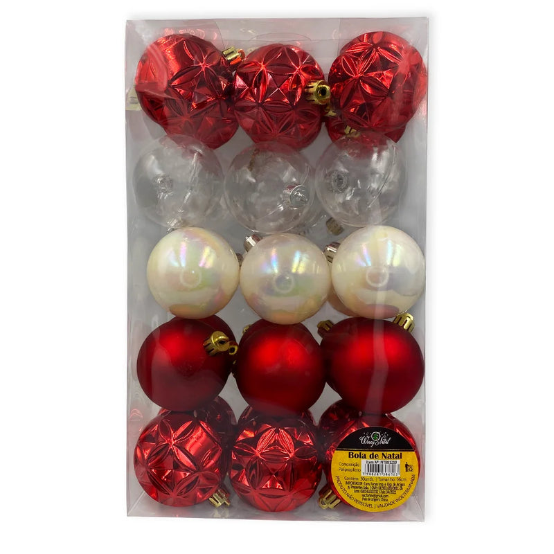 Kit 30 Bolinhas de Natal Enfeites Decorativos Vermelhos Brancos e Transparentes