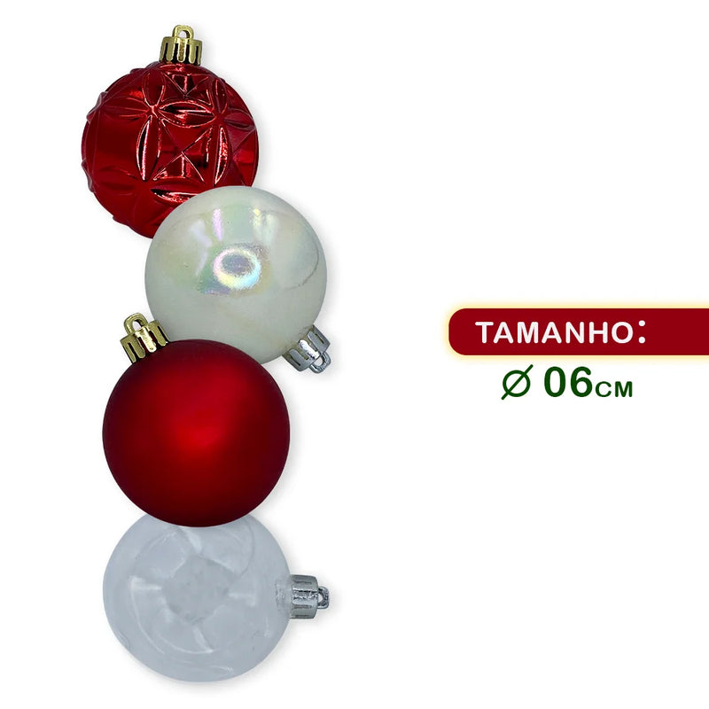 Kit 30 Bolinhas de Natal Enfeites Decorativos Vermelhos Brancos e Transparentes